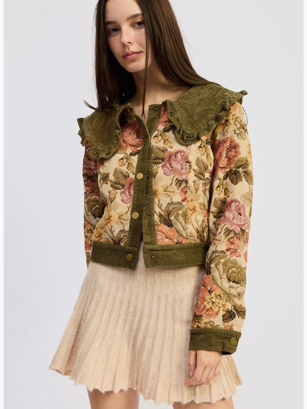 Jacqui E Olive Green Floral Jacquard Corduroy-Trim Jacket